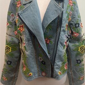 Aratta Blue Jean Jacket with Floral Embroidery